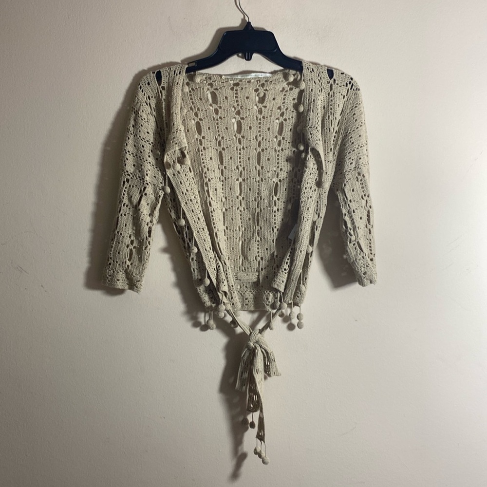 Vintage Cynthia Vincent Crochet Knit Cadigan with Tie Front Belt